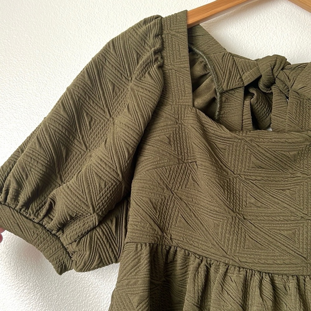 Free People Olive Green Textured Puff Sleeve Mini Dress - Picture 7 of 12